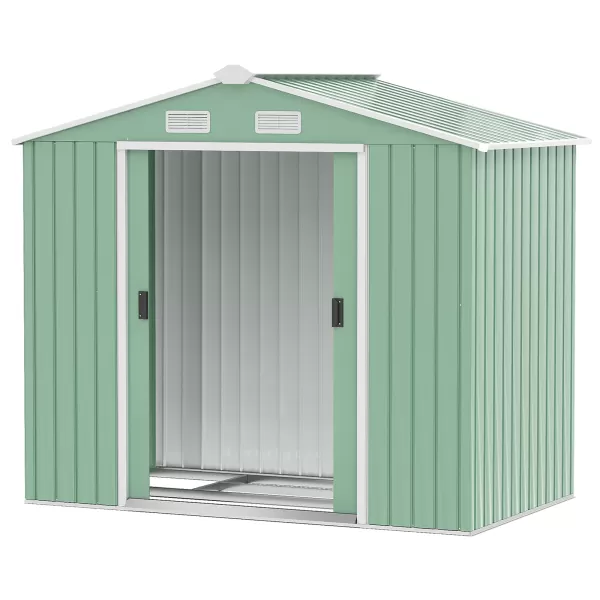 Outsunny 7ft x 4ft Lockable Garden Metal Storage Shed Large Patio Roofed Tool Storage Building Foundation Sheds Box Outdoor Furniture, Light Green