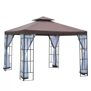 Outsunny 3m x 3m Gazebo Marquee Metal Party Tent Canopy Pavillion Patio Garden Shelter Steel Frame with mesh sidewall and Water strip Coffee