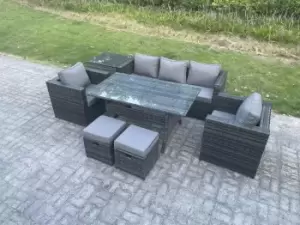 Fimous 5 Seater Outdoor Dark Grey Rattan Lounge Complete Sofa Set with Rectangular Dining Table and 2 Stools