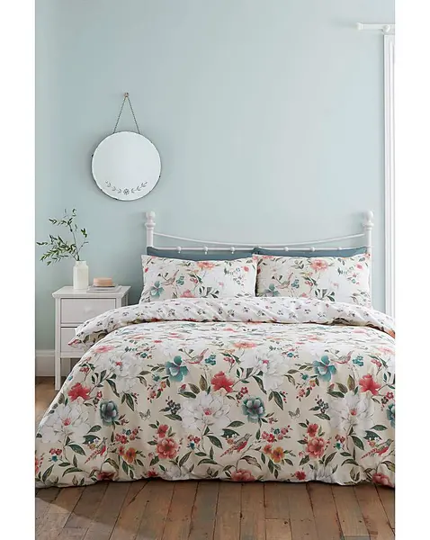 Catherine Lansfield CL Pippa Floral Birds Duvet Set Natural KING PO50703