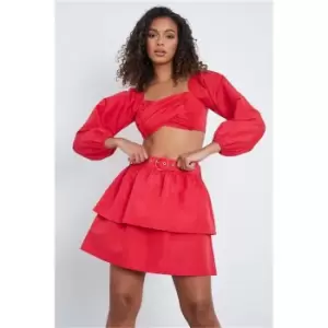 I Saw It First Red Frill Detail Bardot Balloon Sleeve Crop Blouse - Red