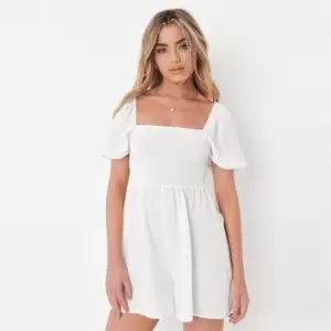 Missguided Puff Sleeve Shirred Playsuit Linen - White