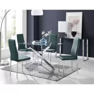 Furniturebox UK - Furniturebox Leonardo 4 Chrome Leg Glass Dining Table and 4 Green Milan Velvet Dining Chairs Diamond Stitch Modern Contemporary