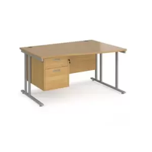 Office Desk Right Hand Wave Desk 1400mm With Pedestal Oak Top With Silver Frame Maestro 25 MC14WRP2SO