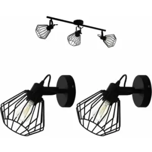 Loops - Ceiling Spot Light & 2x Matching Wall Lights Black Wire Cage Adjustable Lamp