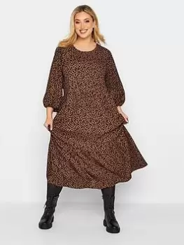 Yours Animal Print Frill Hem Dress, Brown, Size 20, Women