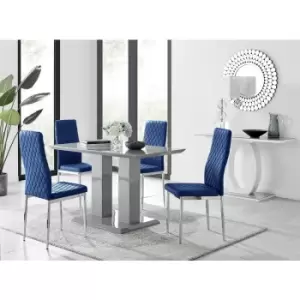 Furniturebox Imperia 4 High Gloss Grey Modern Dining Table and 4 Navy Milan Faux Leather Dining Chairs With Silver Legs Diamond Stitch Modern