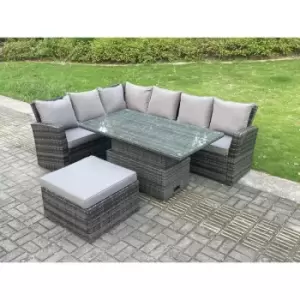 Fimous 6 Seater Outdoor Dark Grey Rattan Lounge Complete Sofa Set Left Side with Adjustable Dining Table and Big Footstool