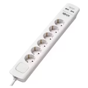 Tripp Lite TLP6G18USB 6-Outlet Surge Protector with USB Charging - German Type F Schuko Outlets 220-250V 16A Schuko Plug White