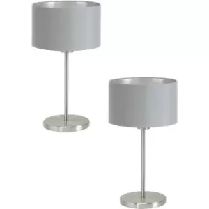 2 PACK Table Lamp Colour Satin Nickel Steel Shade Grey Silver Fabric E27 1x60W