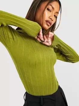 Boohoo Rib Knitted Top - Olive, Green, Size 14, Women