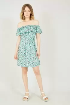 Green Floral Bardot Belted Dress