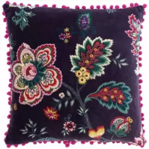 Riva Paoletti Palampur Indian Floral Print Pom Pom Fringe 100% Cotton Cushion Cover, Damson, 50 x 50 Cm