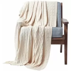 HOMESCAPES Cotton Cable Knit Throw, Natural, 150 x 200cm - Natural