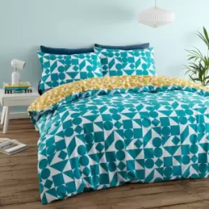 Catherine Lansfield Simplicity Retro Geo Geometric Reversible Easy Care Duvet Cover Set, Ochre/Teal, Double