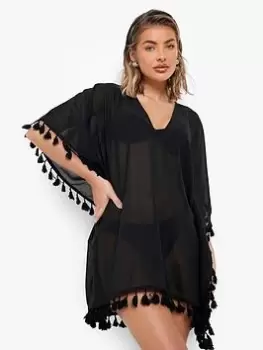 Boohoo Tassel Detail Beach Kaftan - Black Size M Women