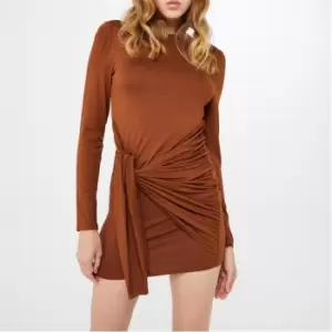 I Saw It First Long Sleeve Wrap Waist Mini Dress - Brown