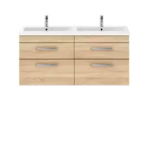 Nuie Athena 1200 Wall Hung 4-drawer Vanity & Ceramic Double Basin - Natural Oak