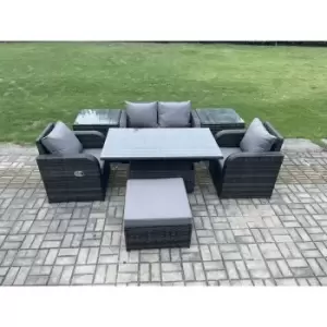 Fimous 3 Seater Outdoor Dark Grey Rattan Lounge Sofa Complete Set with Height Adjustable Table and Big FootStool