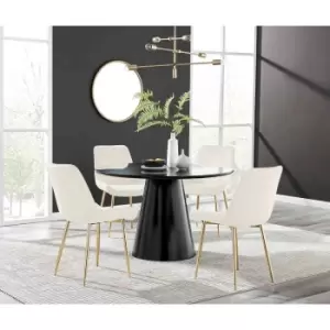 Furniture Box Palma Black Semi Gloss Round Dining Table and 4 Cream Pesaro Gold Leg Chairs