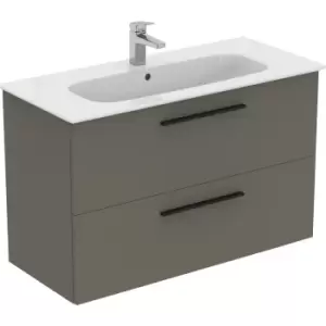 Ideal Standard i. life A Double Drawer Wall Hung Unit with Basin Matt 1000mm with Matt Black Handles in Quartz Grey