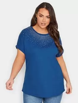 Yours Embellished Neck T-Shirt - Blue Size 22-24, Women