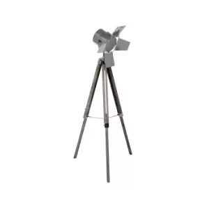 Grey Wood And Silver Metal Film Tripod Floor Lamp