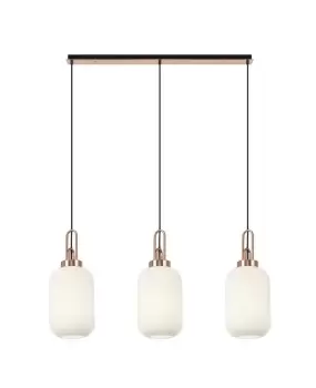 Linear 3 Light Pendant E27 With 20cm Tubular Ribbed Glass, Opal Copper, Matt Black