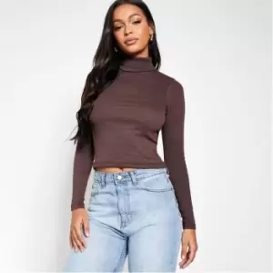 I Saw It First Rib Roll Neck Cotton Crop Top - Brown