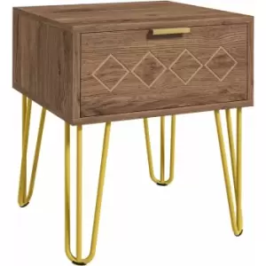 Bedside Table with Drawer, Gold Metal Legs for Living Room Bedroom - Brown - Homcom