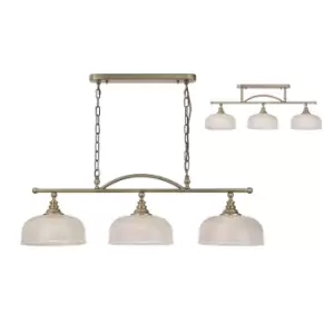 DeRuyter Semi Flush, Ceiling Pendant Bar, 3 Light Adjustable E27, Antique Brass, Prismatic Glass