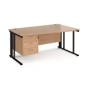 Office Desk Right Hand Wave Desk 1600mm With Pedestal Beech Top With Black Frame Maestro 25 MCM16WRP3KB