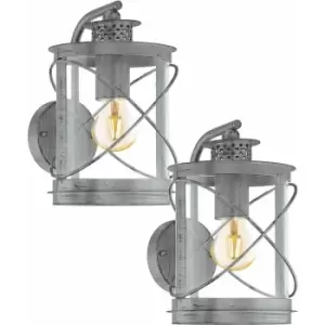 Loops - 2 pack IP44 Outdoor Wall Light Antique Silver & Glass Loop Lantern 60W E27