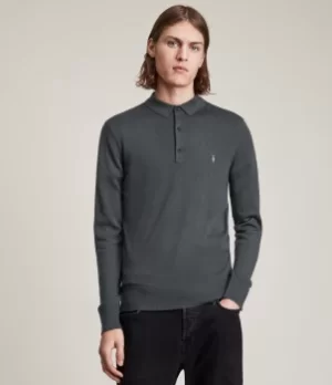 AllSaints Mens Mode Merino Long Sleeve Polo Shirt, Haze Green, Size: XXL