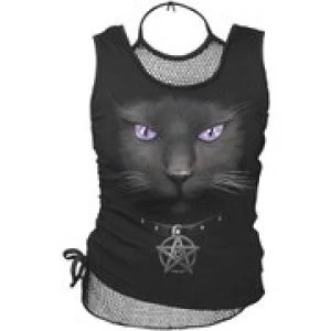 Spiral Womens BLACK CAT 2 in 1 Neck Tie Mesh Top - Black