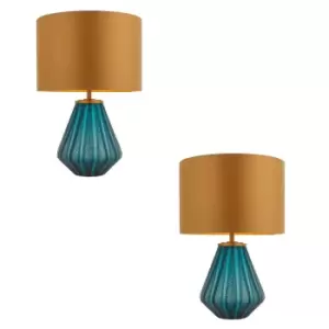 2 PACK Turqoise Glass Base Table Lamp Light & Gold Fabric Shade - Black Detail