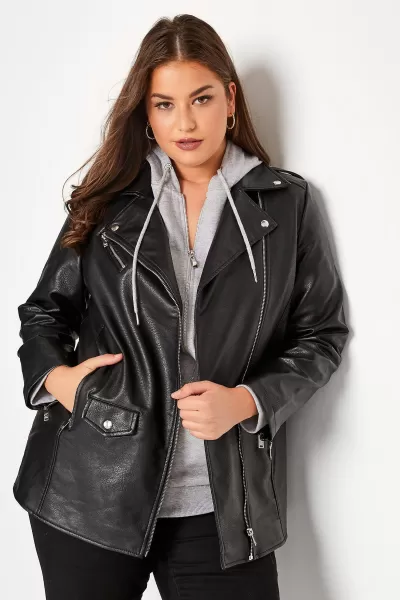 Yours Faux Leather Longline Biker Jacket Black