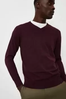 Mens Cotton Rich Burgundy Knitted V-Neck Jumper