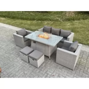 Fimous 5 Seater Light Grey Rattan Gas Fire Pit Outdoor Dining Table Complete Sofa Set with Heater Burner and 2 Stools