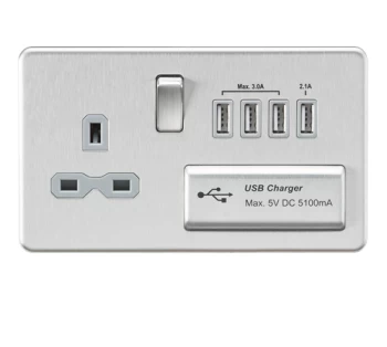 KnightsBridge Screwless 13A switched socket with quad USB charger (5.1A) - brushed chrome with grey insert