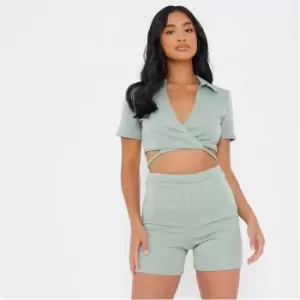 I Saw It First Petite Wrap Short Sleeve Crop Top - Green