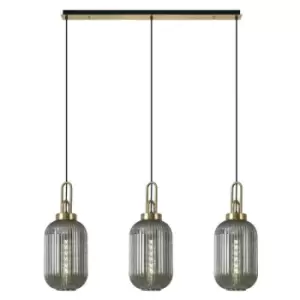 Luminosa Linear 3 Light Pendant E27 With 20cm Tubular Ribbed Glass, Smoked Brass Gold, Matt Black