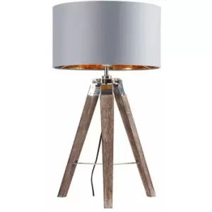 Minisun - Chrome & Wood Tripod Table Lamp With Large Drum Shade - Grey & Gold