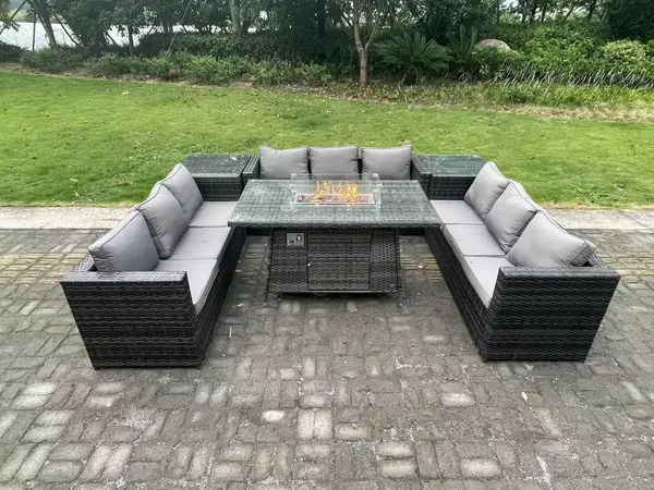 Fimous 9 Seater Outdoor Dark Grey Rattan Lounge Complete Sofa Set with Gas Fire Pit Dining Table, Gas Heater, and Side Tables