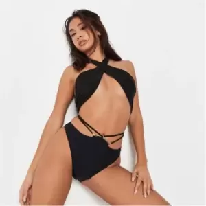 Missguided Bar Trim High Leg Bikini Bottoms - Black