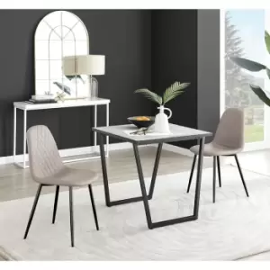 Furniturebox Carson White Marble Effect Square Dining Table & 2 Cappuccino Corona Faux Leather Dining Chairs with Black Legs Diamond Stitch