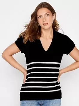 Long Tall Sally Black Stripe Polo Ribbed Jumper, Black, Size 10-12, Women