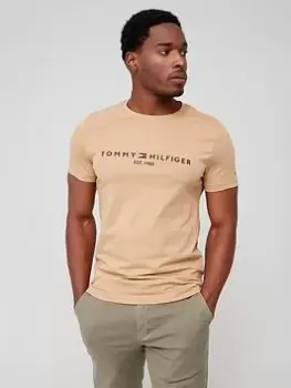 Tommy Hilfiger Logo Embroidered Tee - Tan, Khaki, Size L, Men