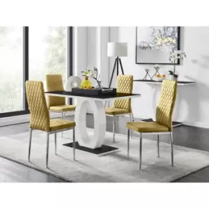 Furniturebox UK - Furniturebox Giovani 4 Black Dining Table & 4 Mustard Milan Velvet Dining Chairs Diamond Stitch Modern Contemporary Chrome Metal