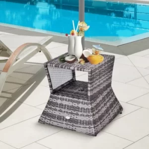 Outsunny Outdoor Patio Rattan Wicker Coffee Table Bistro Side Table w/ Umbrella Hole and Storage Space, Grey